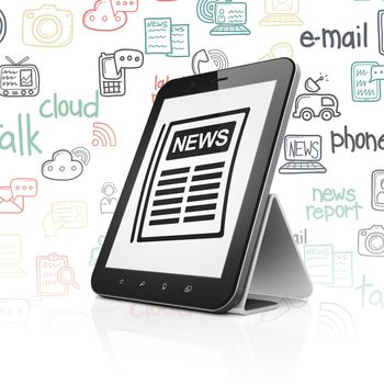 News concept: Tablet Computer with  black Newspaper icon on display,  Hand Drawn News Icons background, 3D rendering