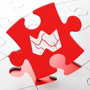 Travel concept: Map on Red puzzle pieces background, 3D rendering