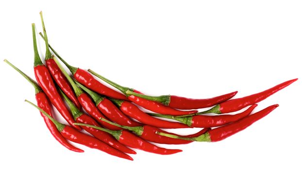 Arrangement of Perfect Red Hot Chili Peppers as Pepper Shape isolated on White background