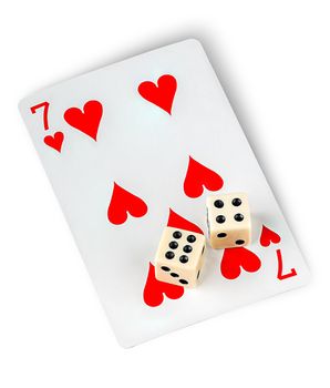 Playing card and dices isolated on white background