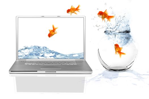 Goldfish Escaping Their World Jumping Out of Their Aquarium Into a Virtual World