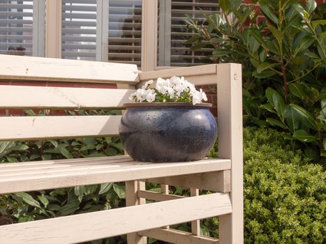 A beautiful blue bowl of flowers on a bench