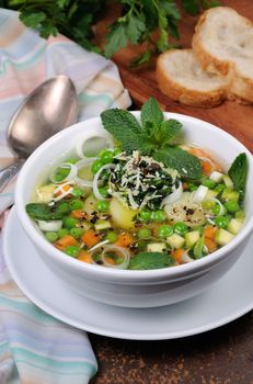 Light, refreshing soup of carrots, zucchini, potatoes, leeks, peas, pesto, parmesan and mint leaves.
