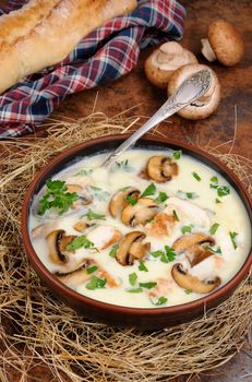 Delicate soup puree from champignons and chicken with herbs