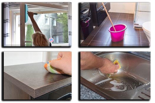 Image is divided into 4 sections about housework, dust cleaning and floor cleaning.