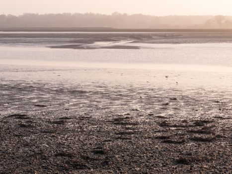 Various shots of the river and the mud, along with many birds, buoys, and other sea structures, as the sun sets