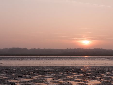 Various shots of the river and the mud, along with many birds, buoys, and other sea structures, as the sun sets