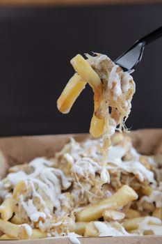 Poutine fries with meat and cheese fork