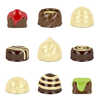 Nine different types of chocolate candies on white background