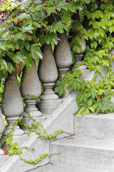 Castle stone stairway railings and greenery.