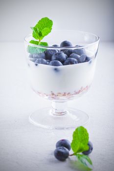 Yogurt with fresh blueberry and muesli on a white surface