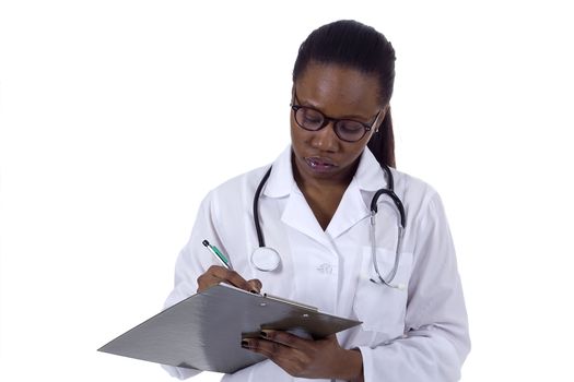 Beautiful young female doctor black with clipboard and patient records