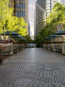 panoramic view of nice home town street during summer sunset