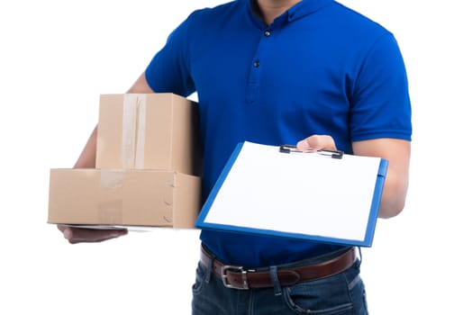 Smiling young asian salesman with parcel and clipboard against a white background