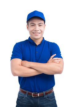 Asian Man in Blue Uniform. White Background.