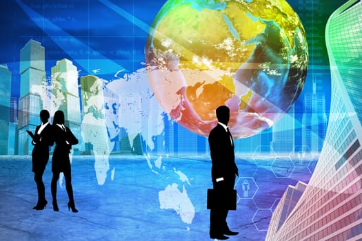 Business people with earth globe and  city background. Elements of this image furnished by NASA
