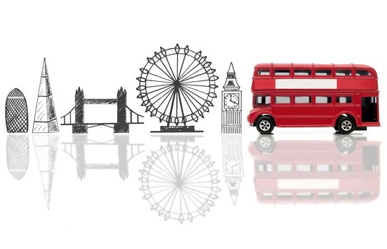 London landmarks sketched against a double decker bus 