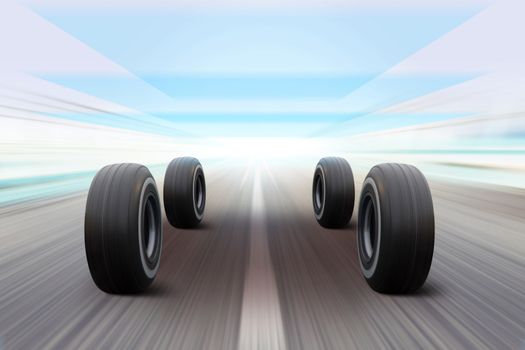 3D illustration of tires on road in movement