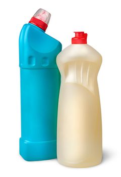 Two plastic bottles of disinfectant near isolated on white background