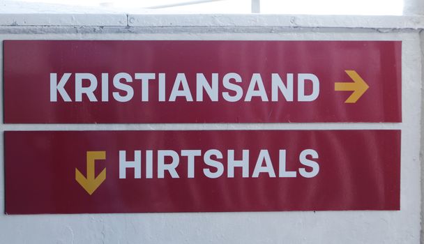 The sign towards Hirtshals and Kristiansand on board of the ferry