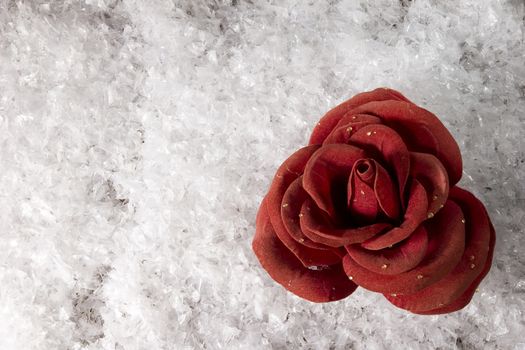 Valentine card with red rose in white snow