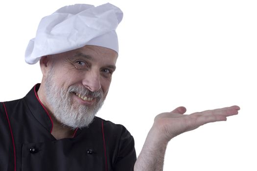 Bearded senior man cook on white background