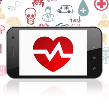 Healthcare concept: Smartphone with  red Heart icon on display,  Hand Drawn Medicine Icons background, 3D rendering