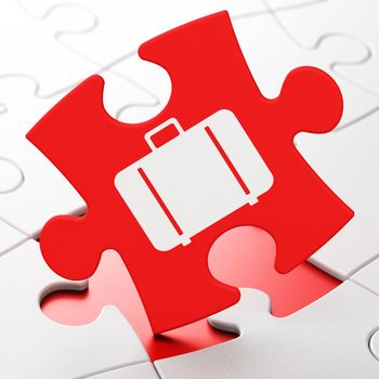 Travel concept: Bag on Red puzzle pieces background, 3D rendering