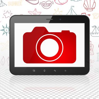 Travel concept: Tablet Computer with  red Photo Camera icon on display,  Hand Drawn Vacation Icons background, 3D rendering