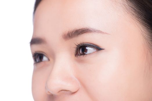 Asian eye woman eyebrow eyes lashes over white.