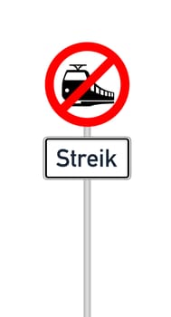 Traffic sign railway crossing with additional sign and german text for strike