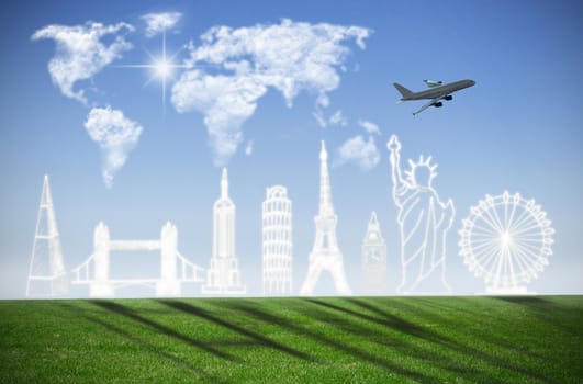 Clouds in the shape of a global tourist landmakrs with world map against blue sky 