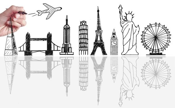 Hand sketching of global tourist landmarks 