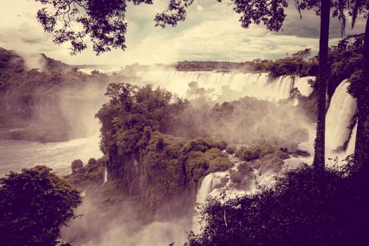 iguazu falls national park. tropical waterfalls and rainforest landscape. Vintage effect