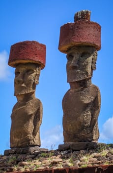 Moais statues site ahu Nao Nao on anakena beach, easter island, Chile