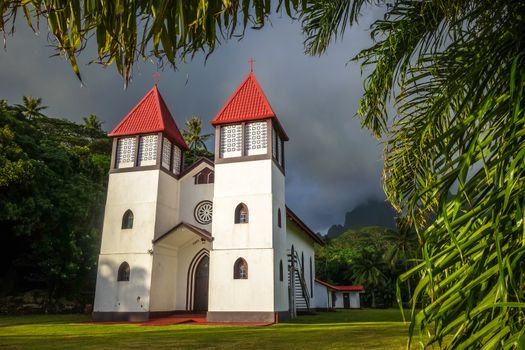 Haapiti church in Moorea island jungle, landscape. French Polynesia