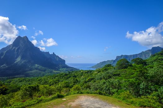 Aerial view of Opunohu, Cook’s Bay and lagoon in Moorea Island. French Polynesia