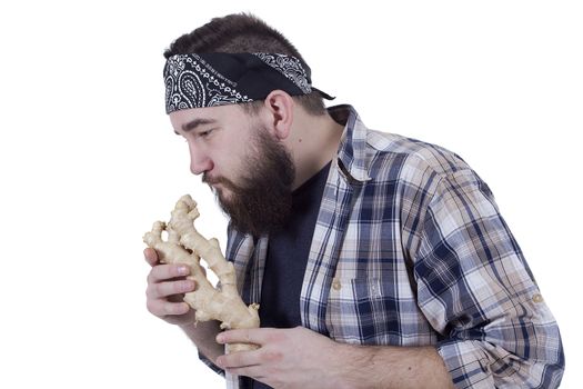 Bearded farmer with the root of ginger in the hands of