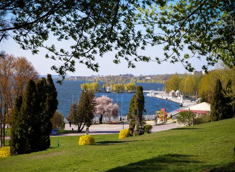 landscape in spring in the city Park overlooking the lake