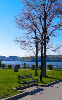 beautiful landscape in the city Park bench under a lamp