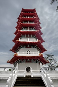Beautiful oriental 7 storeys pagoda in Chinese garden. Singapore