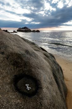 White coral in the water on the stone and sunset at the beautiful tropical exotic island