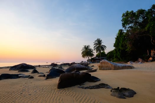 Tropical exotic beach with the stones palms and sand. Tioman island Malaysia