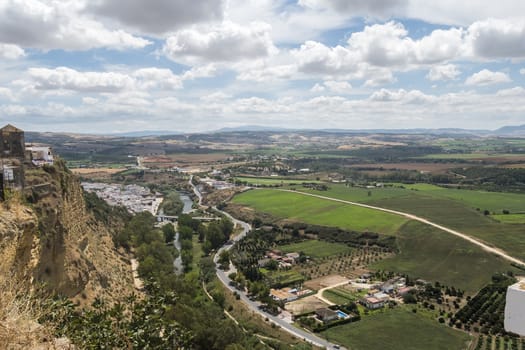 View of the countryside and River Guadalete, Arcos de la Frontera, Cadiz Province, Andalusia, Spain