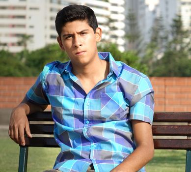 Teen Hispanic Boy Sitting In Park