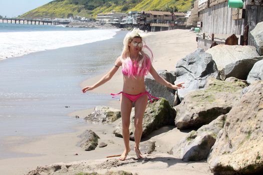 Frenchy Morgan the "Celebrity Big Brother" Star is spotted doing yoga and karate on the beach while wearing a tiny pink bikini, Malibu, CA 04-21-17