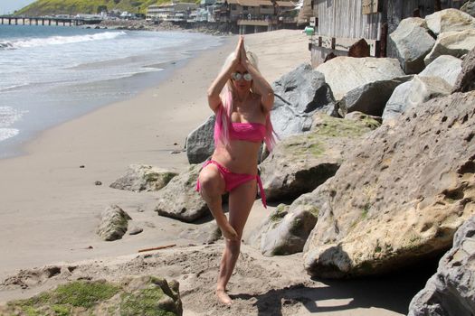 Frenchy Morgan the "Celebrity Big Brother" Star is spotted doing yoga and karate on the beach while wearing a tiny pink bikini, Malibu, CA 04-21-17