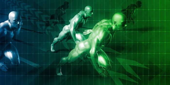 Science and Technology with Men Running as Futuristic Concept