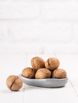 View on inshell walnut on white wooden background with copy space. Vertical.