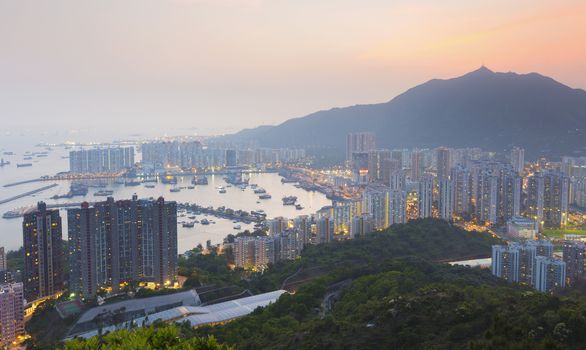 Hong Kong Tuen Mun downtown at sunset